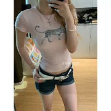 批发美式辣妹圆领<b class='q'>短袖</b>豹纹T恤女夏季<b class='q'>修身</b>显瘦百搭上衣简约基础款小衫