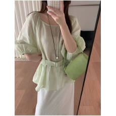 批发法式<b class='q'>OL</b>气质一字肩小衫女十三行宽松七分灯笼袖圆领收腰苎麻衬衫女