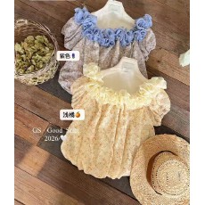 批发十三行女装夏法式<b class='q'>甜美</b>氛围感碎花木耳边一字肩花苞雪纺衫露肩上衣