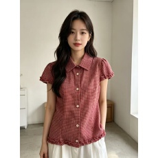 批发2026夏季新款韩系<b class='q'>甜美</b>减龄木耳边翻领泡泡袖衬衫女小格子显瘦上衣