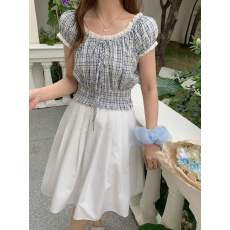 批发<b class='q'>甜美</b>田园风蕾丝边泡泡袖格子绑带小衫女夏木耳边短款收腰吊带背心