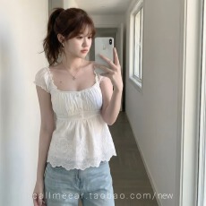 批发韩系夏日氛围感纯欲风绣花泡泡袖上衣女夏季新款显瘦短款背心上衣