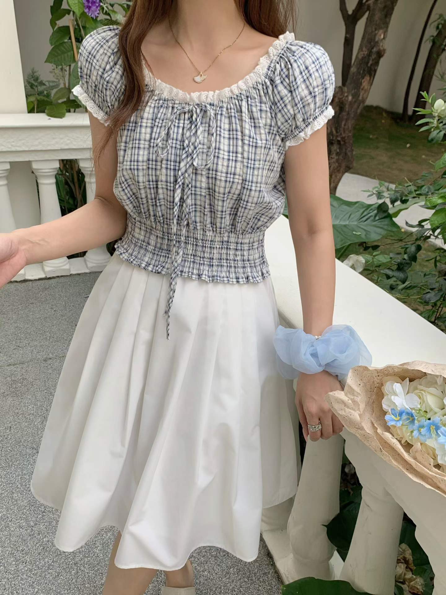 달콤함 전원 바람 레이스 측면 거품 소매 체크무늬 스트랩 작은 셔츠 여성 Xiamu 귀 쇼트 스타일 허리 수축 캐미솔