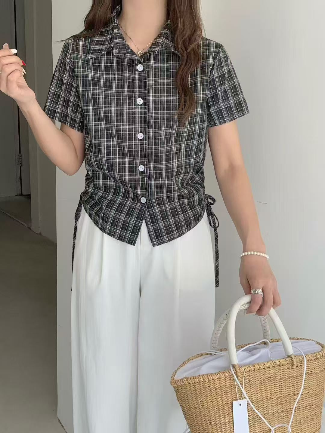 한 부서 레트로 체크무늬 반팔 여성 셔츠 여름 Chic 핫걸 허리 수축 슬림해 보이는 디자인 센스 펌프 로프 스트랩 맨위