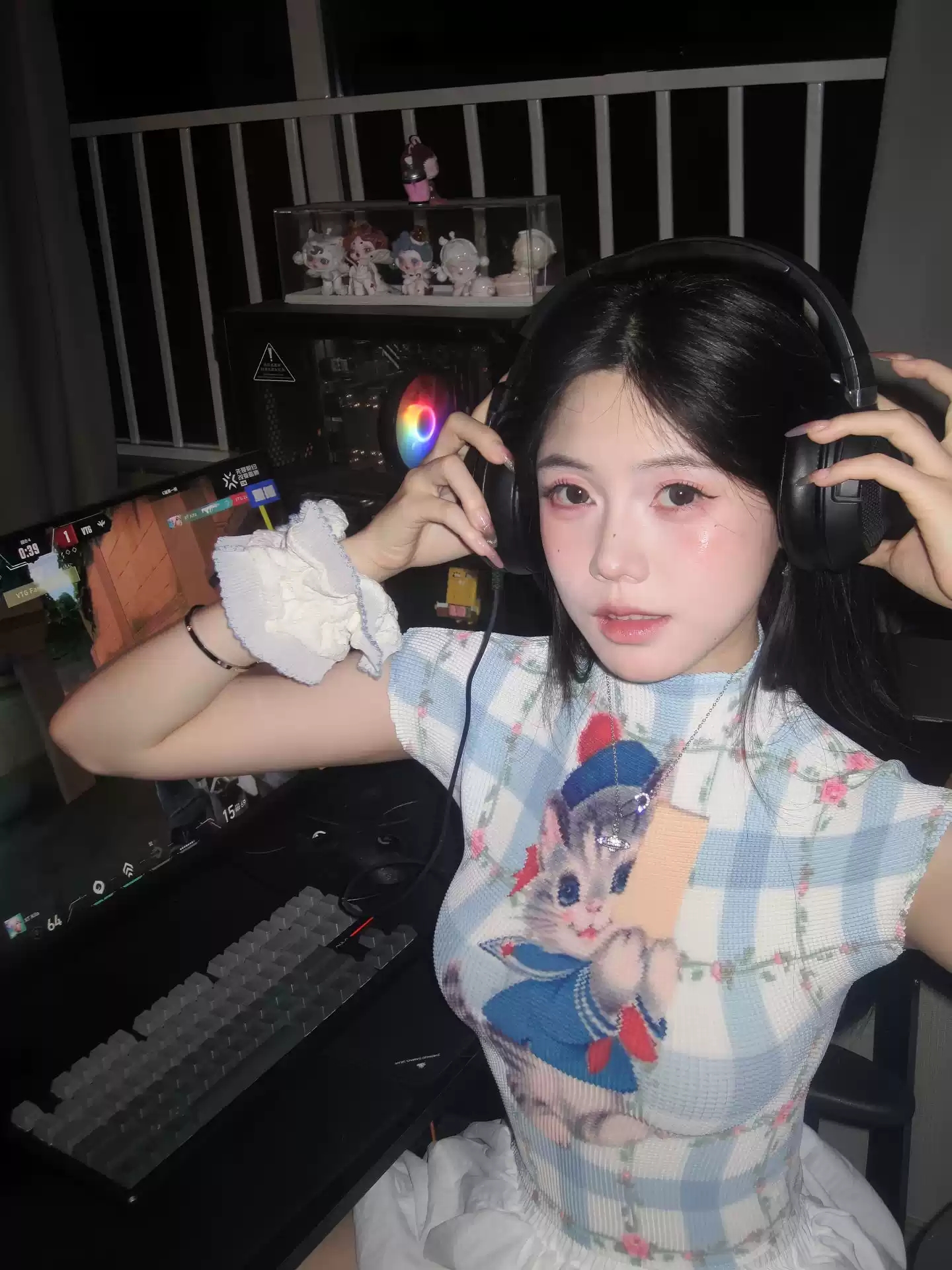 핫걸 디자인 센스 어린애 같은 수채화 낙서 y2k 해군 새끼 고양이 아메리칸 주름 티셔츠 여름 새로운