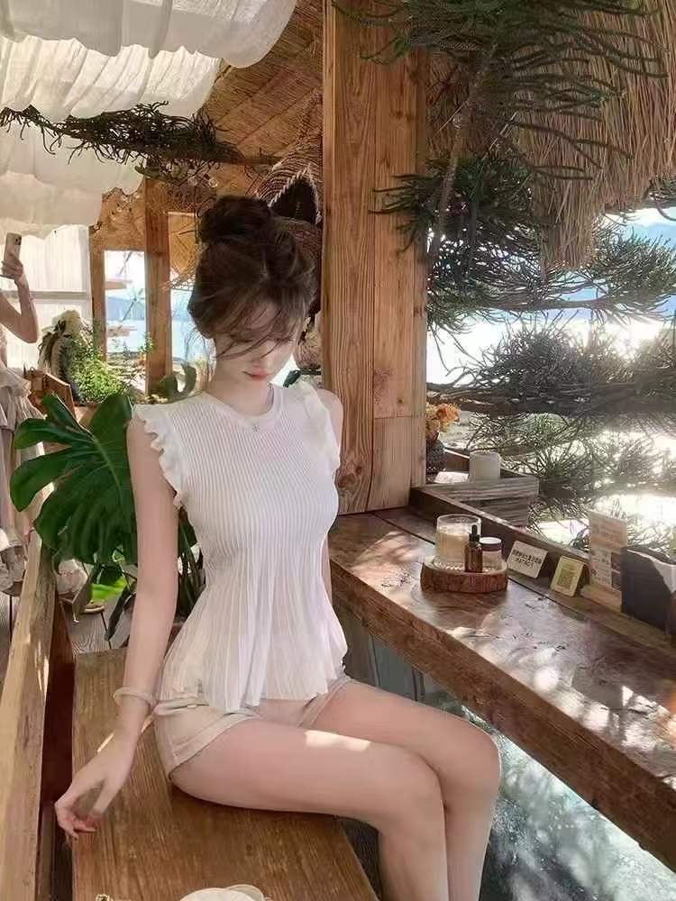 작은 날다 소매 허리 수축 민소매 조끼 맨위 여성 디자인 센스 화이트 품격 고급 센스 티셔츠 작은 셔츠 여름 새로운