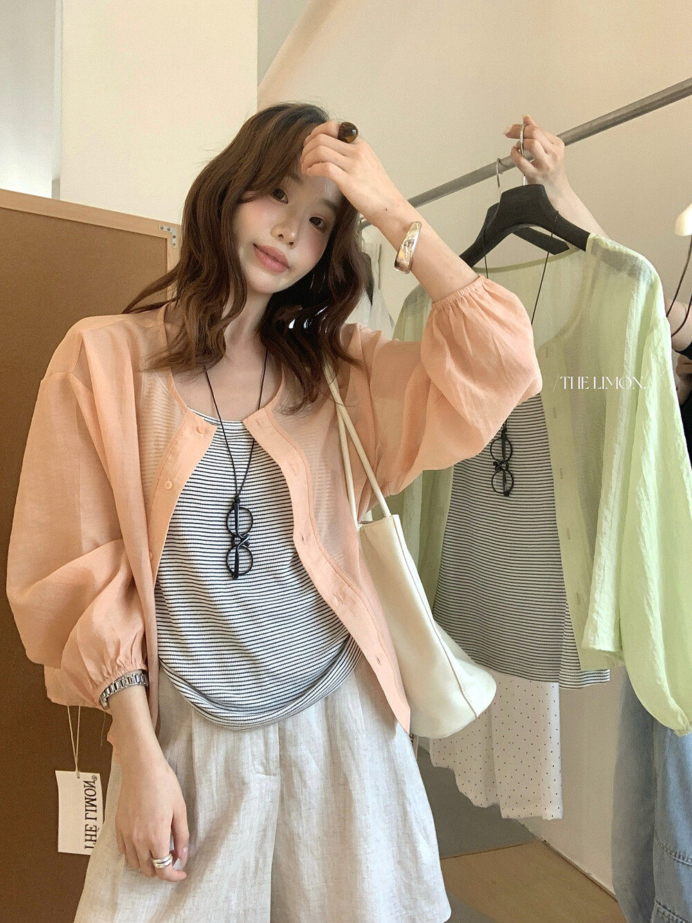 the limon 레몬 녹차 디자인 센스 자외선 차단 짧은 외투 다용도 조끼 세트 안경 펜던트