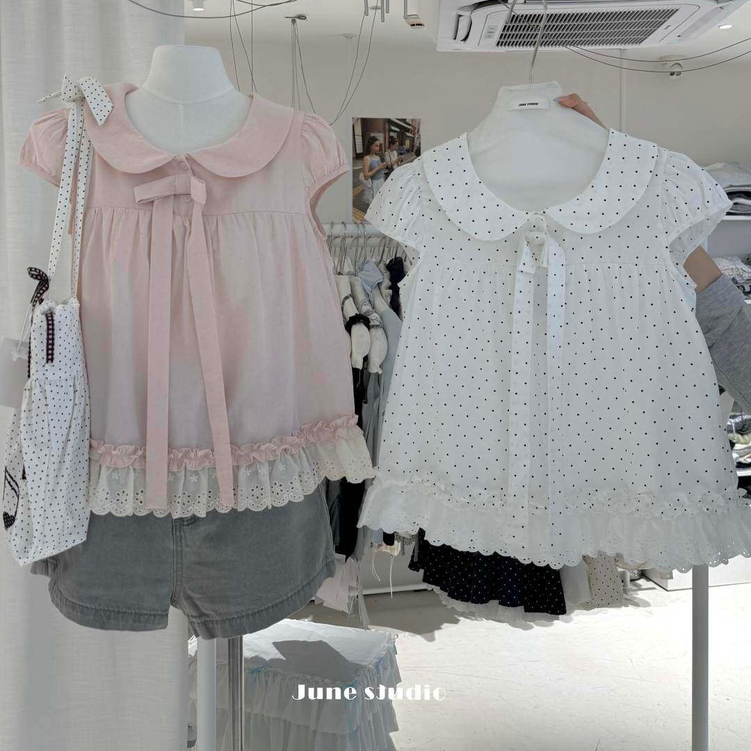 일본식 도트 무늬 나비 넥타이 베이비 칼라 반팔 달콤함 여성 셔츠 여름 2026 새로운 펌프 Pleat 맨위