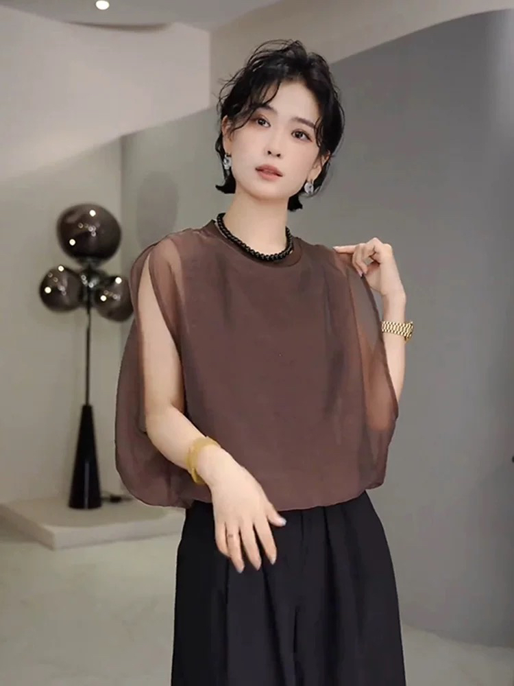 새로운 프랑스식 미니멀리즘 캐주얼 민소매 셔츠 맨위 여성 의류 여름 루즈핏 반팔 아름다운 아름다운 작은 대중 셔츠