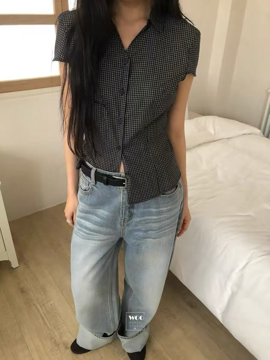 한국 chic 여름 프랑스식 레트로 몸매 가꾸기 슬림해 보이는 싱글 줄 버튼 폴로 칼라 반팔 격자 무늬 셔츠 여성 레저 맨위