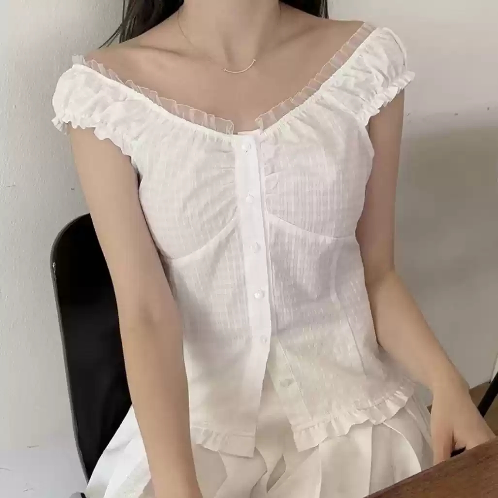 한국 chic 디자인 센스 레이스 광장 칼라 반팔 허리 수축 몸매 가꾸기 슬림해 보이는 다용도 쇼트 스타일 민소매 맨위 여성 셔츠