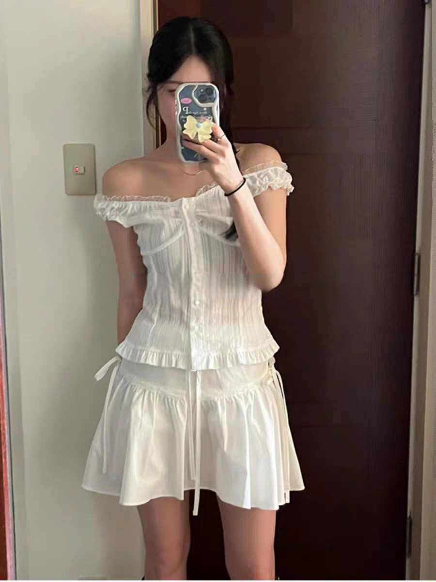 여름 한국 스타일 디자인 센스 레이스 광장 칼라 반팔 허리 수축 몸매 가꾸기 슬림해 보이는 다용도 쇼트 스타일 민소매 맨위 여성 셔츠