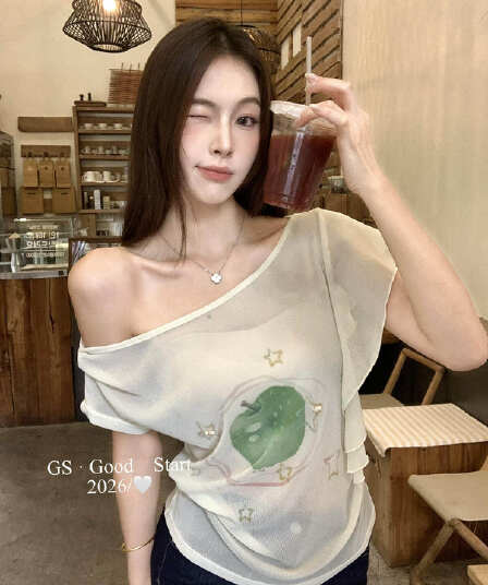 디자인 센스 신선함 순수한 욕망 프린트 오프숄더 캐주얼 작은 셔츠 여성 26 년 여름 미니멀리즘 라운드 넥 풀오버 편안함 맨위