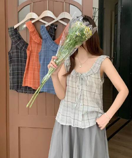 프랑스식 레트로 체크무늬 프릴 민소매 캐미솔 2026 여름 민소매 레이스업 몸매 가꾸기 슬림해 보이는 맨위