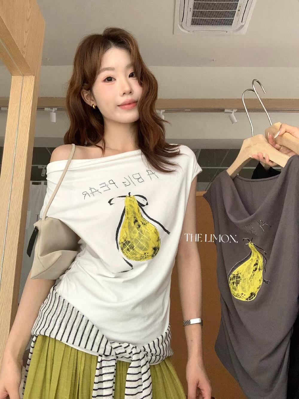 the limon 레몬 녹차 다용도 통기성 편안함 연령 감소 몸매 가꾸기 슬림해 보이는 프린트 반팔 티셔츠 여성 여름
