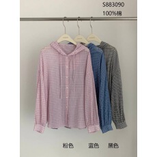 批发韩国chic<b class='q'>春</b>季简约经典格纹连帽长袖时尚洋气下摆抽绳衬衣外套女装