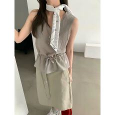 批发小阿秋通勤气质风宽松显瘦收腰无袖抽绳小衫女假两件叠穿微透背心