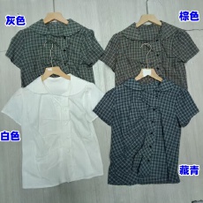批发夏季韩系ins穿搭不规则褶皱格子<b class='q'>娃娃领</b>短袖<b class='q'>衬衫</b>上衣女