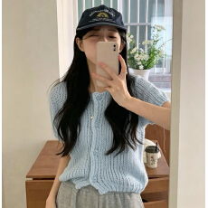 批发韩国chic气质圆领系扣短袖针织开衫外套女小个子短款叠穿气质上衣
