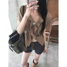 批发韩版ins木耳边系带<b class='q'>亚麻</b>防晒衬衫女夏季宽松薄款透气长袖上衣<b class='q'>外套</b>