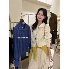 批发韩系灰色polo领软糯镂空针织开衫女秋季翻领长袖毛衣外套<b class='q'>短</b>款上衣