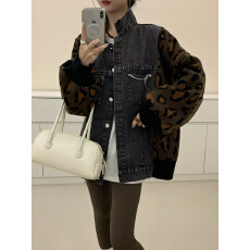 批发时尚复古豹纹拼接<b class='q'>牛仔</b>外套女针织毛衣新款韩版百搭宽松<b class='q'>夹克</b>上衣
