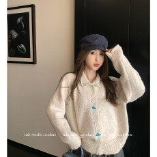 批发巨好看的韩系小香风减龄<b class='q'>蕾丝</b>拼接蓝色针织开衫软糯宽松毛衣外套女