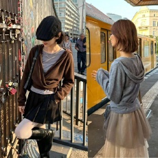 批发外套女韩系chic秋<b class='q'>冬</b>百搭慵懒风时尚宽松显瘦连帽系带针织开衫上衣