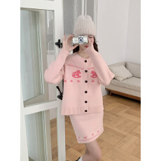 批发韩系慵懒风粉色提花毛衣针织半身裙两件套女秋冬新款洋气减龄<b class='q'>套装</b>