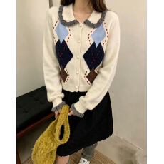 批发2026早<b class='q'>春</b>新品学院风撞色菱格娃娃领针织开衫女百搭减龄毛衣外套女