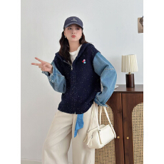 秋冬新款撞色拼接牛仔针织开衫外套女减龄显瘦带帽短款毛衫潮
