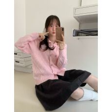批发法式复古翻领毛衣开衫菱形麻花纹理温柔风<b class='q'>双排扣</b>针织外套内搭上衣