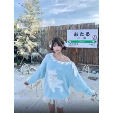 批发美式高级感仿水<b class='q'>貂绒</b>猫咪蝴蝶结针织毛衣女秋冬宽松慵懒风露肩上衣