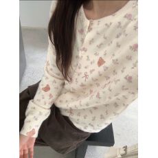 批发韩系小熊碎花<b class='q'>针织</b><b class='q'>开衫</b><b class='q'>女</b>早秋温柔圆领薄款软糯小清新印花外搭毛衣