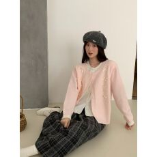 批发韩系假两件蝴蝶结<b class='q'>针织</b><b class='q'>开衫</b><b class='q'>女</b>秋季温柔撞色圆领软糯小个子短款毛衣
