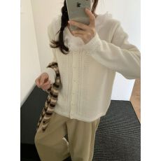 批发韩系蕾丝花边<b class='q'>针织</b><b class='q'>开衫</b><b class='q'>女</b>早秋温柔风珍珠扣软糯镂空短款毛衣小