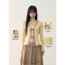 批发<b class='q'>日系</b>清纯校园少女风黄色系带针织开衫搭配格纹高腰半身裙两件套装