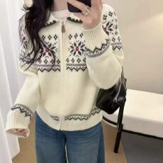 批发费尔岛复古重工编制皮质拉链翻领针织衫~ 宽松显瘦厚实保暖外套女