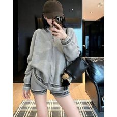 批发宁司 撞色圆领拉链毛衣<b class='q'>外套女</b>秋季新款韩系休闲针织弹力<b class='q'>短</b>裤套装