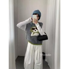 批发童趣小狗提花针织马甲女 圆领撞色罗纹下摆肌理 秋冬叠穿无袖背心