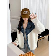 批发韩系复古牛仔拼毛衣外套女翻领撞色设计感宽松慵懒风<b class='q'>针织</b><b class='q'>开衫</b>