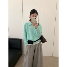 批发韩系温柔翻领毛感开衫女小个子短款宽松氛围感简约针织毛衣外套