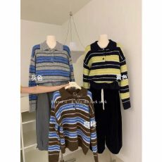 批发韩系撞色条纹Polo领毛衣女宽松慵懒风套头针织衫秋冬上衣