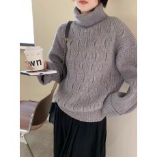 批发复古绞花高领毛衣女软糯加厚宽松慵懒风秋冬内搭针织上衣