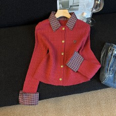 批发韩系学院Polo领针织衫女<b class='q'>冬</b>季穿搭格纹拼接麻花毛衣修身显瘦上衣