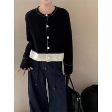 批发韩系简约撞色边针织小<b class='q'>开衫</b>温柔通勤圆领单排扣短款毛衣上衣