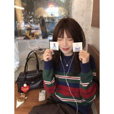 复古撞色条纹圆领长袖针织衫女秋冬季韩系chic别致设计感内搭上衣