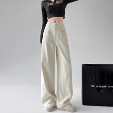 批发米白色复古阔腿牛仔<b class='q'>裤</b>女秋冬2025新款高腰显瘦<b class='q'>宽松</b>直筒拖地<b class='q'>裤</b>子