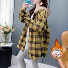 批发复合超柔加绒后包领抖音质量连帽<b class='q'>格子衬衫</b>女中长款外套