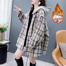 批发复合超柔加绒后包领抖音质量连帽<b class='q'>格子衬衫</b>女中长款外套女
